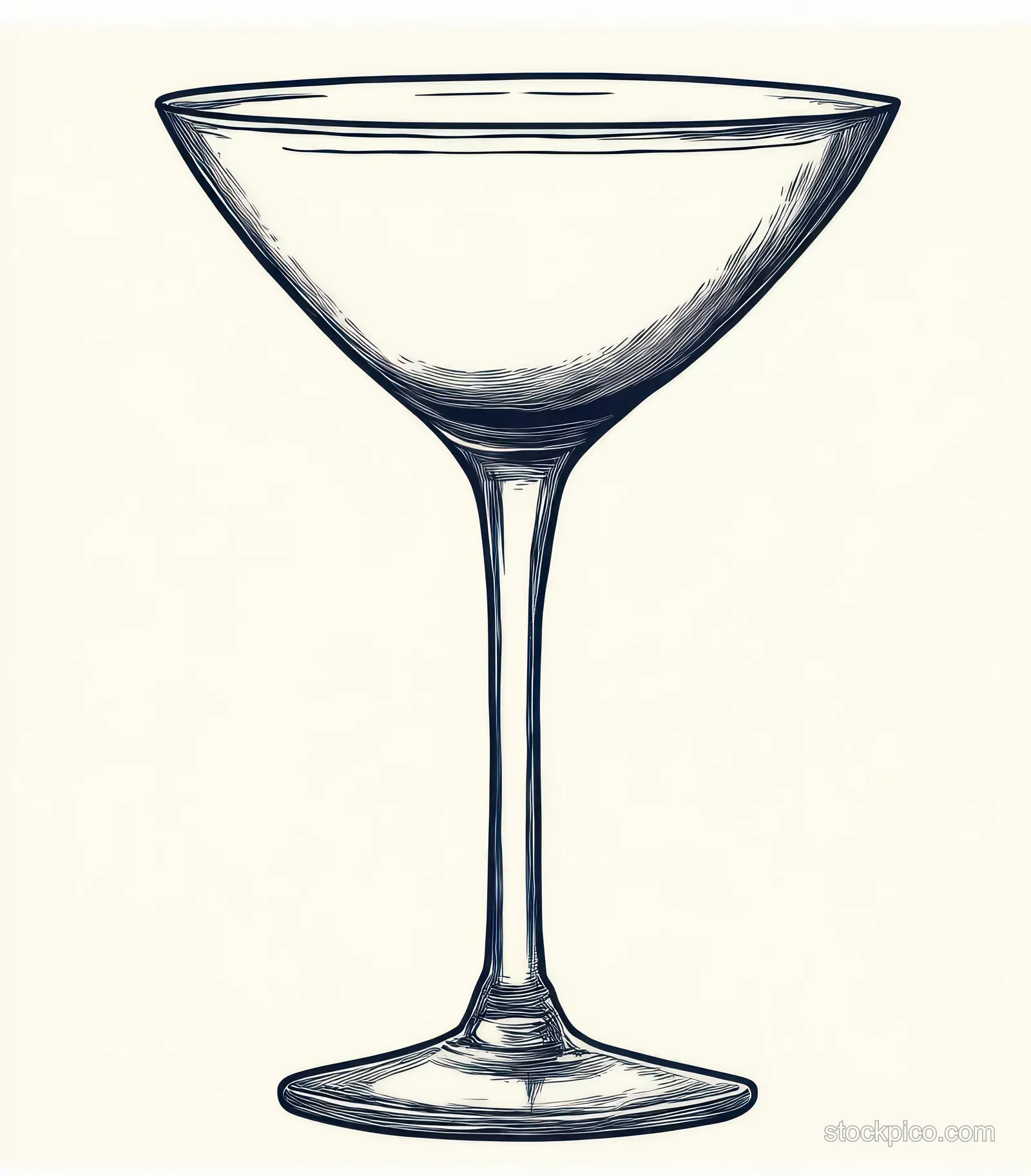 An empty cocktail glass is drawn in black and white with a wide bowl and thin stem.