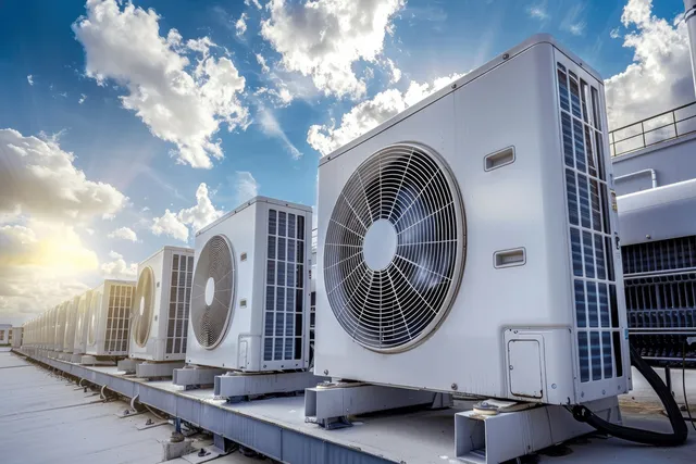 Outdoor HVAC compressor units with visible fans sit on a rooftop as technicians check electrical connections.