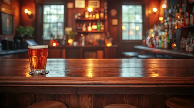 An empty wooden pub bar with warm lights and a single drink glass under soft bottle glow.