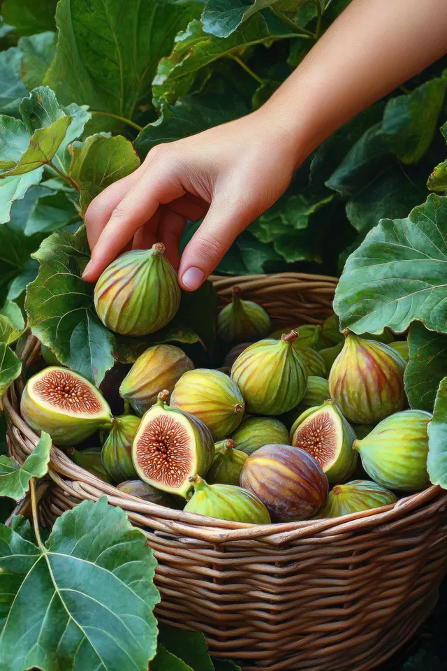 A hand selects ripe green figs from a wicker basket surrounded by broad leafy branches.
