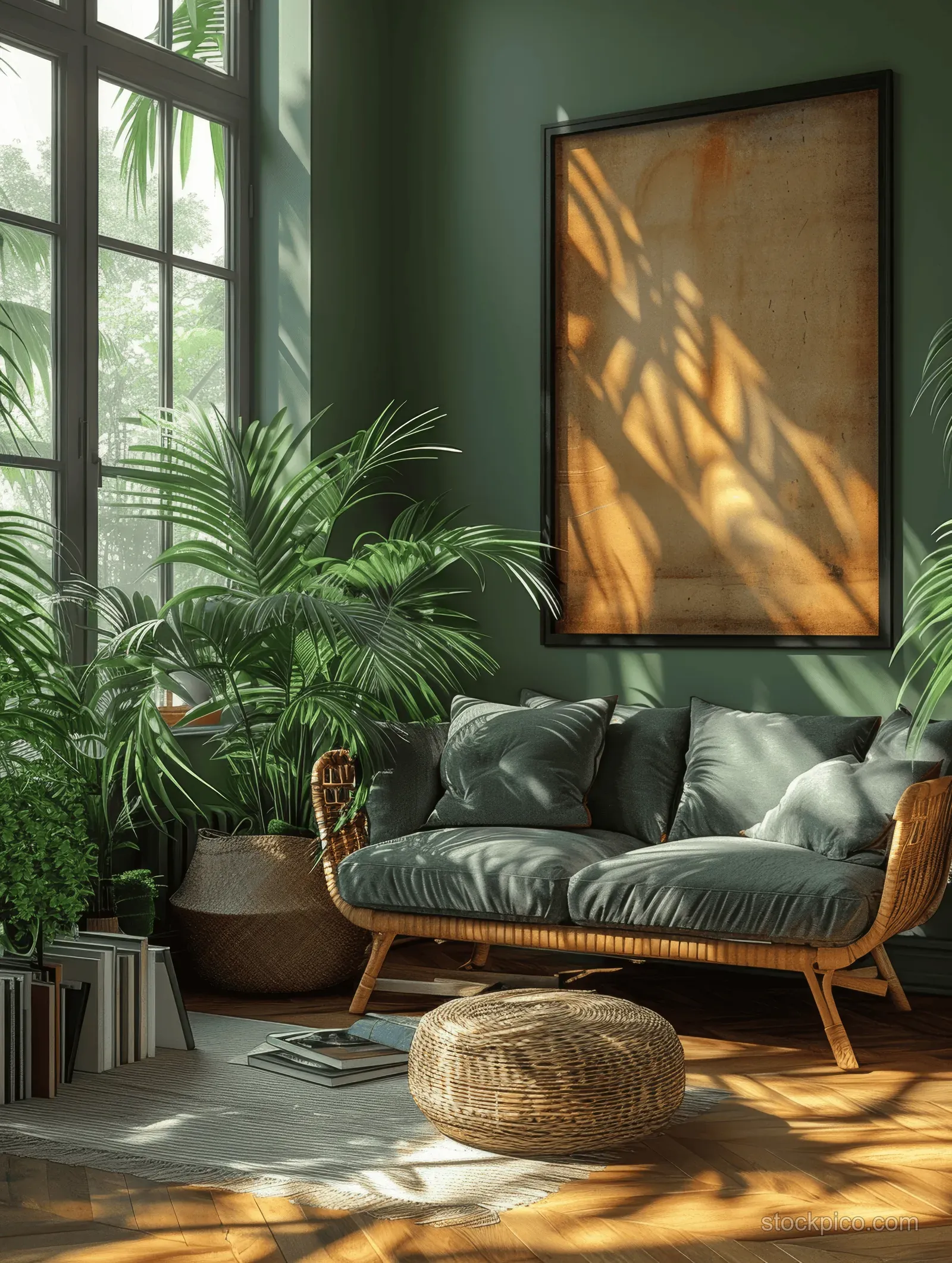 Framed poster on a living room wall with palm plants nearby and sunlight casting diagonal shadows.