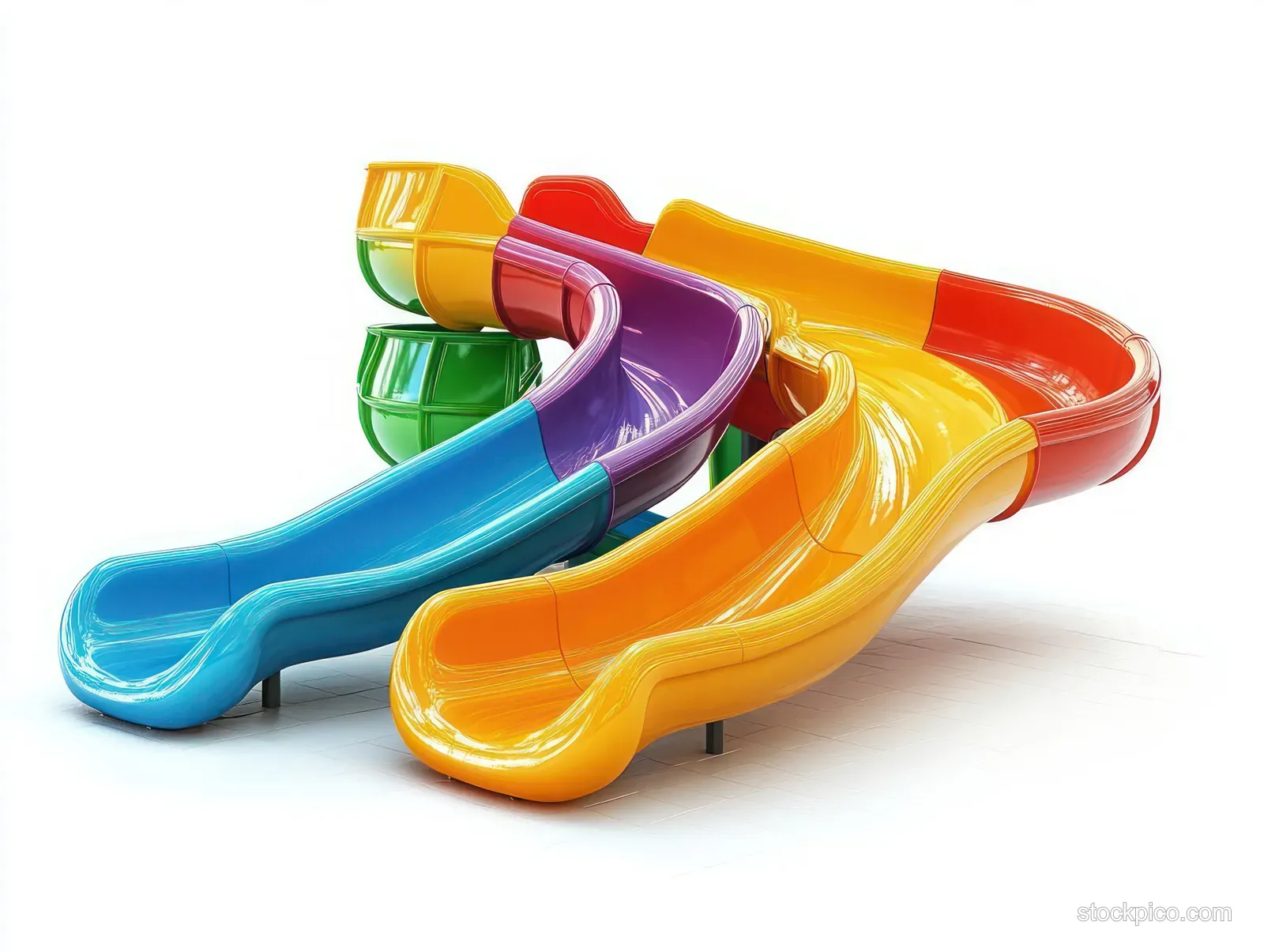 Colorful plastic playground slide with winding and straight chutes in orange, yellow, red, blue, green, and purple on white.