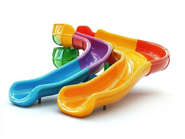 Colorful plastic playground slide with winding and straight chutes in orange, yellow, red, blue, green, and purple on white.