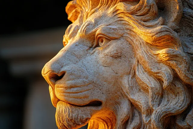 A lion sculpture close-up with detailed stone mane next to ornate church columns in warm sunlight.
