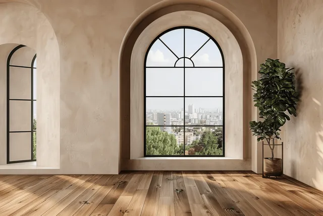 Minimalist interior with arched windows framing a bright cityscape and warm wooden floor