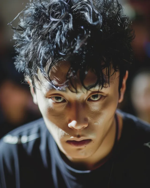 A South Korean breakdancer performs with intense focus and athletic precision against a blurred, dramatic competition backdrop.