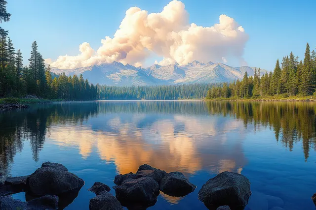 Still lake reflects pine forest and distant mountains beneath large billowing clouds.