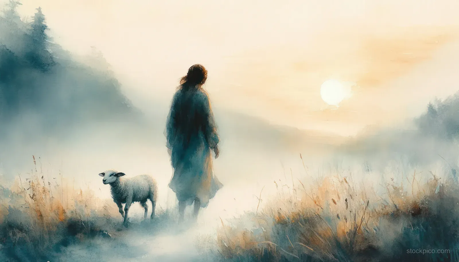 Jesus walks beside a lamb in a misty meadow with golden sunrise light and soft watercolor textures.