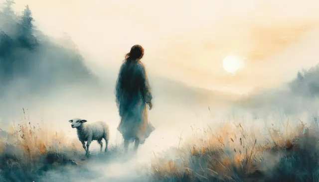 Watercolor Jesus figure walking beside a lamb through misty meadow under glowing sunrise