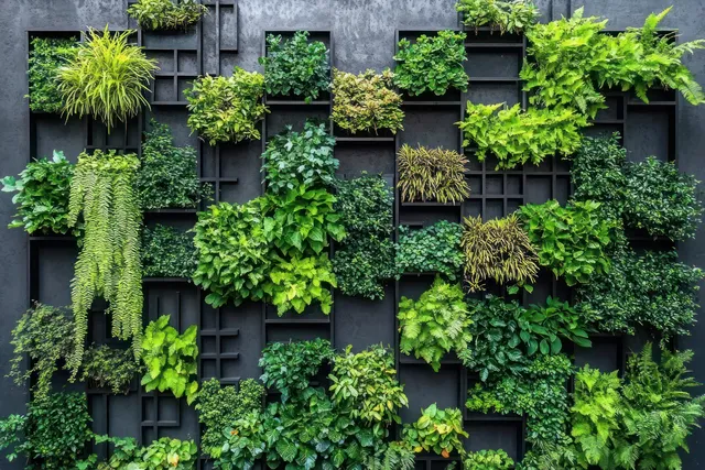 Lush green plants grow from square openings on a dark vertical garden wall with trailing vines.