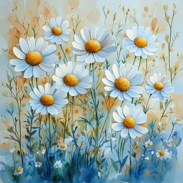 Watercolor blue daisies and green leaves in a seamless spring meadow pattern background