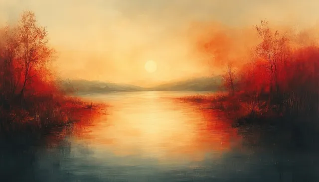 Blurry warm sunset over a calm river with silhouetted trees and grainy film-like texture.
