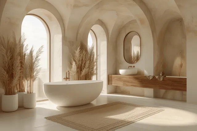 Freestanding bathtub and floating wooden vanity in a sunlit bathroom with arched windows and neutral decor.