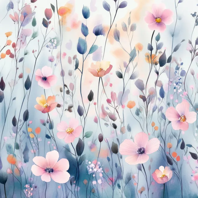 Watercolor wildflower meadow pattern with pastel blooms and slender foliage