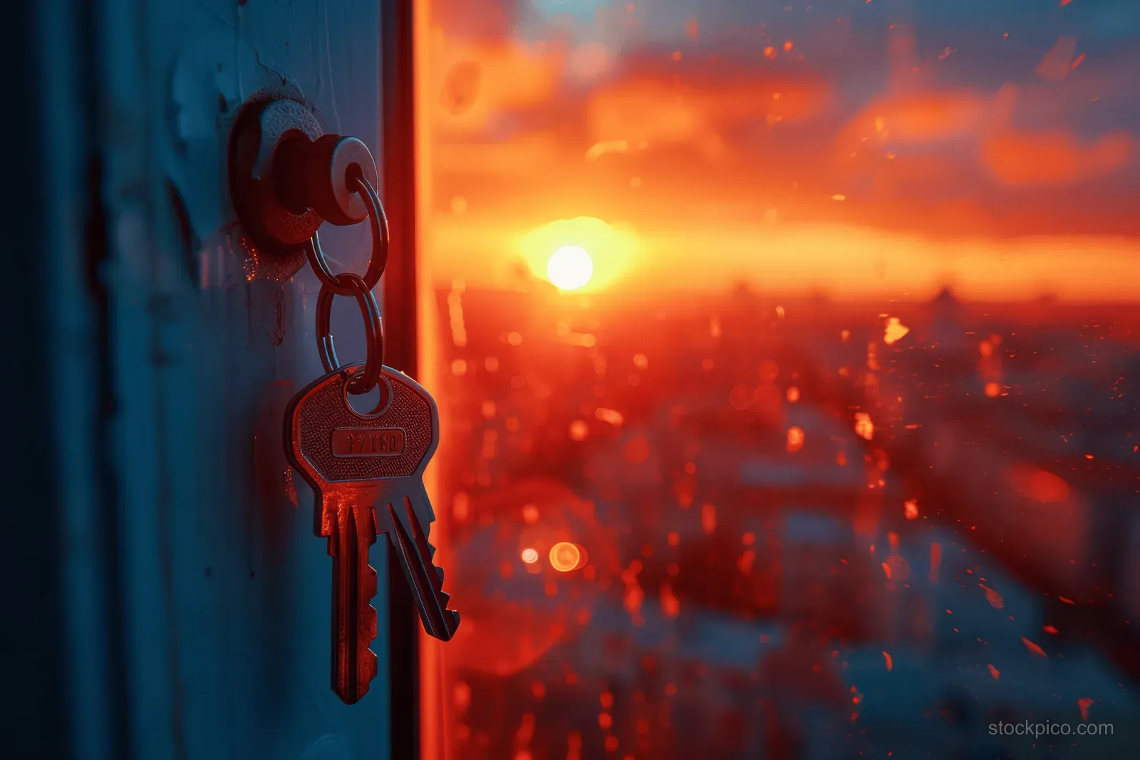 A locked apartment door with keys and a visible skyline sunset with glowing lights in the background.