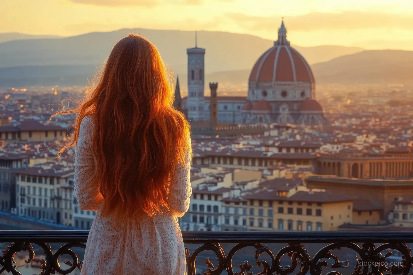 A woman in a white dress looks over Florence rooftops at sunset with a domed church and bell tower behind her.