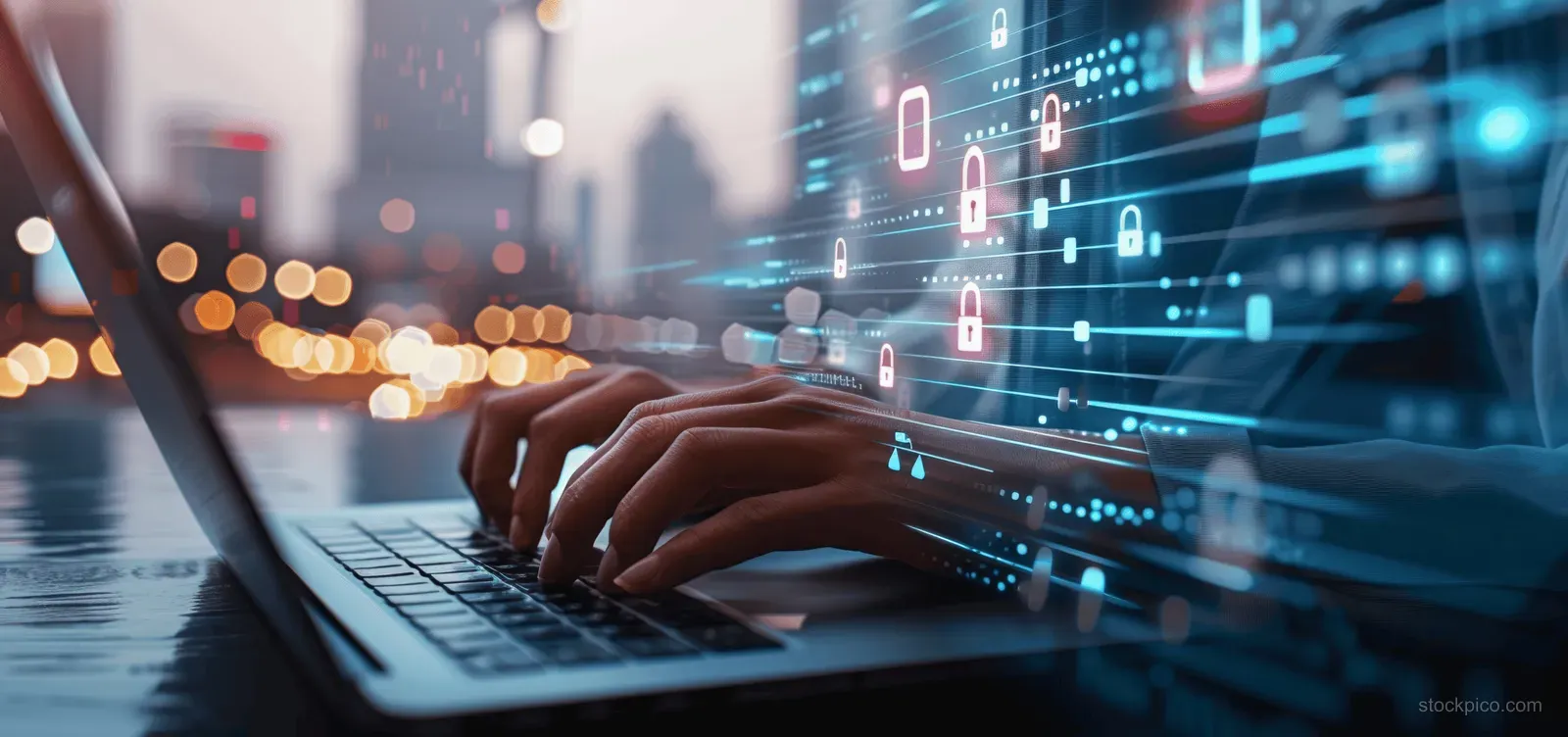 A person typing on a laptop with glowing lock icons and cyber data streams in the background.