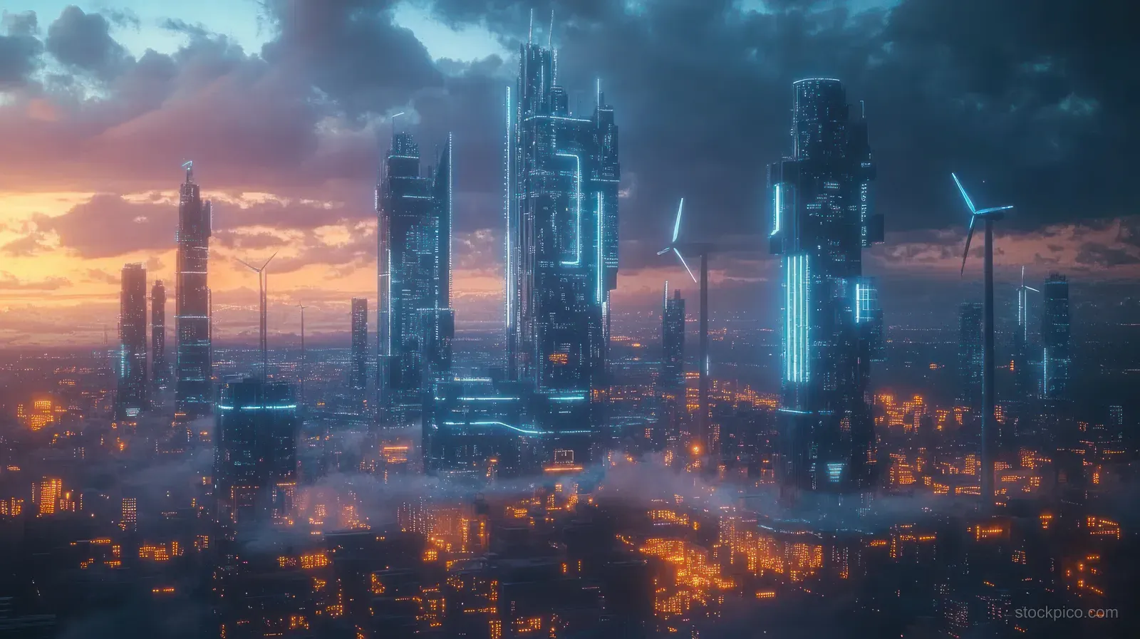 Futuristic skyline at dusk with neon blue illuminated skyscrapers and wind turbines under a cloudy sky.