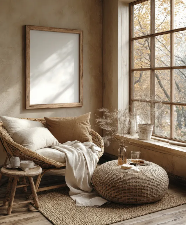 Cozy Scandinavian living room corner with wooden-framed canvas, pillows, and sunlight from a multi-pane window.