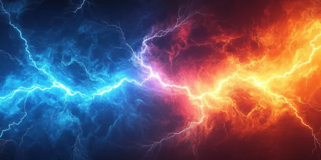 Vivid lightning storm over dark sky with electric blue, red, and orange energy arcs