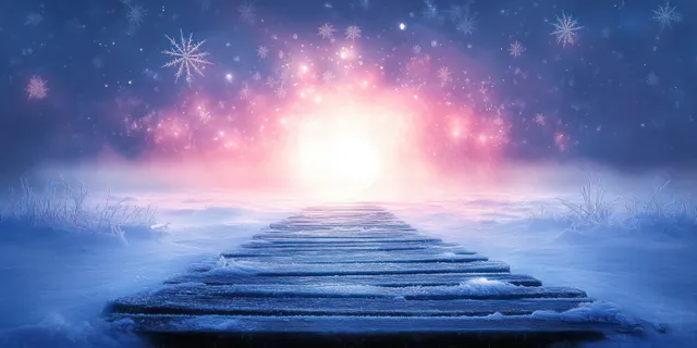 Snowy wooden plank path leads across the frozen surface toward a glowing horizon under a sparkling blue sky.