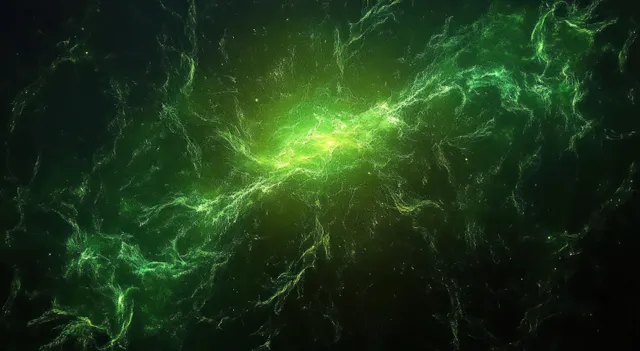 A vivid green cosmic nebula swirls with glowing filaments against a dark space background.