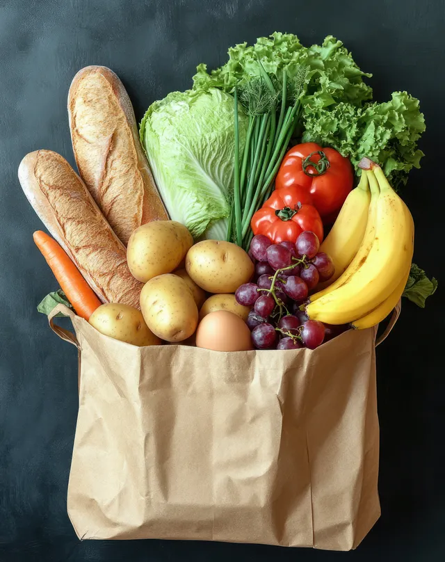 Paper grocery bag spilling fresh vegetables, bread, and bananas against dark backdrop with Home Cooking Ingredients