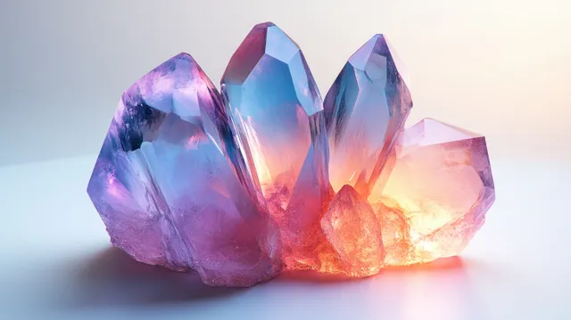 Glossy 3D crystal clusters with blue-pink gradient glow on minimalist light background