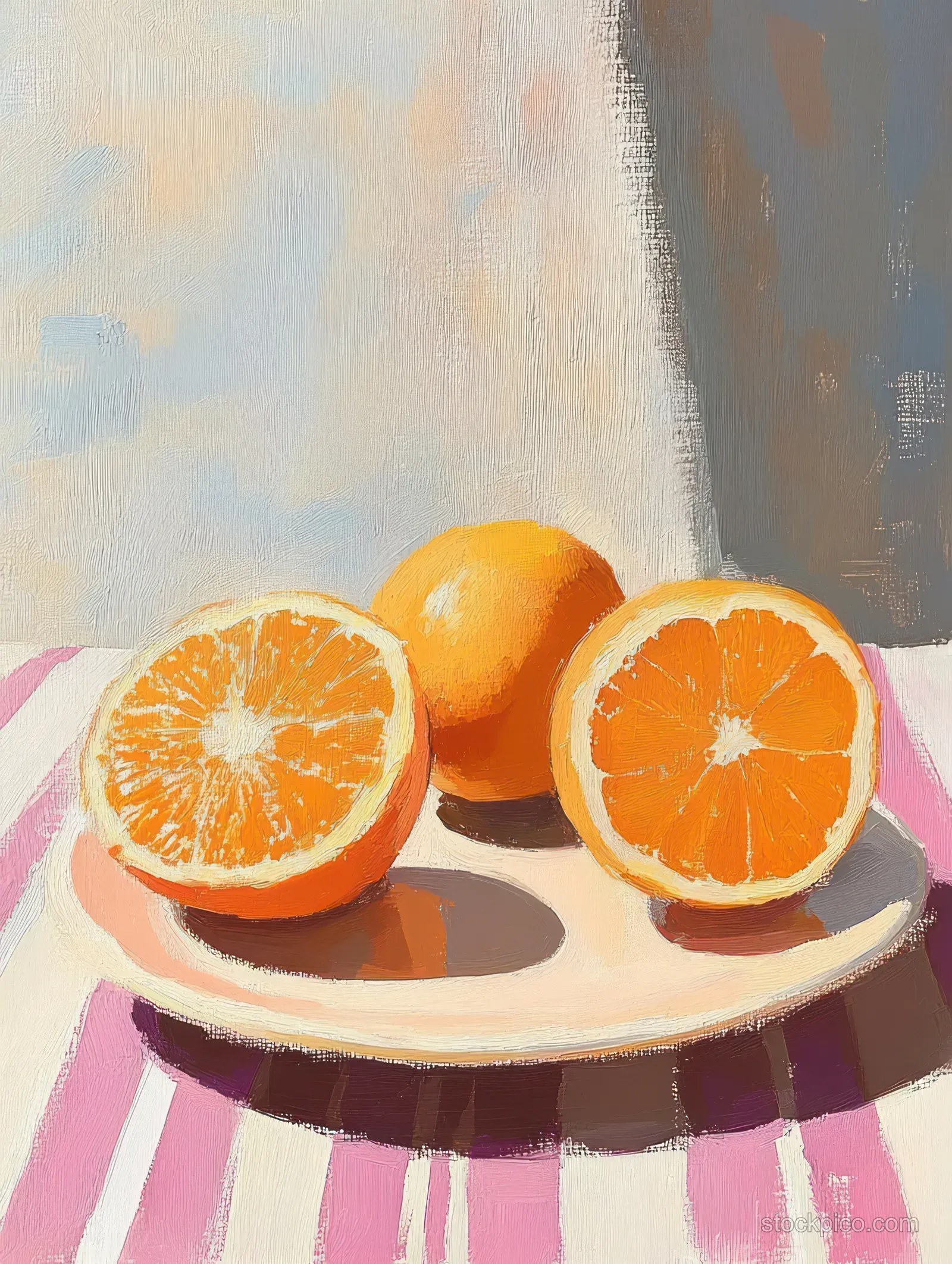 Halved and whole oranges sit on a pale plate on a pink and white striped surface in soft light.