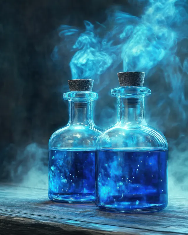 Two glowing glass potion bottles with blue smoke rising on a dark wooden surface