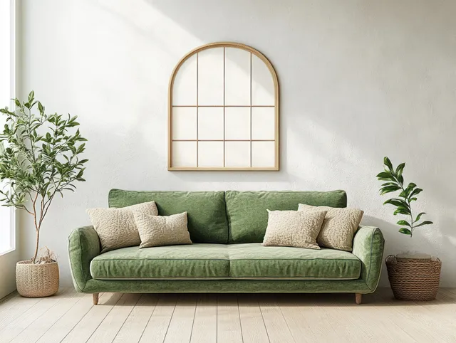 Green velvet sofa against a light wall with a framed window art piece and two potted plants in a bright minimalist room.