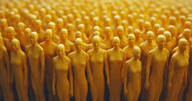 Diverse people standing in rows, celebrating inclusion with warm golden lighting
