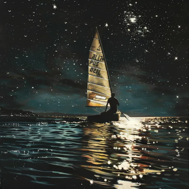 A sailboat with one sail glides through moonlit water beneath a starry night sky.