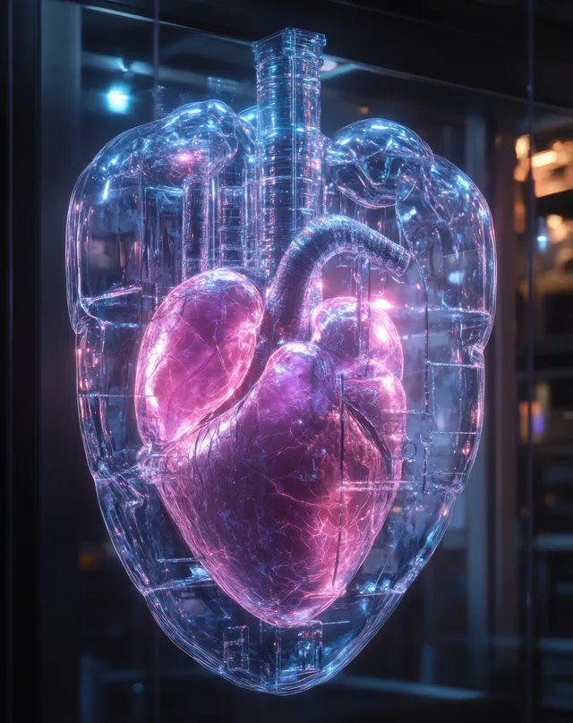 Glowing translucent 3D heart and ribcage anatomy with detailed arteries and veins in a dark lab.