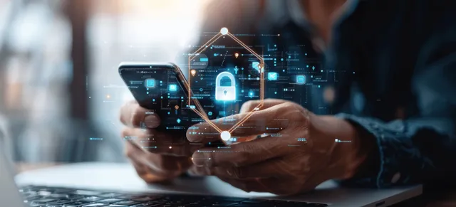 A user secures sensitive data on mobile and laptop devices for safe online banking with encryption and privacy measures.