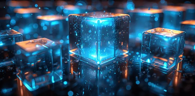 Futuristic blue glass cubes glowing in a dark digital network, 3D render