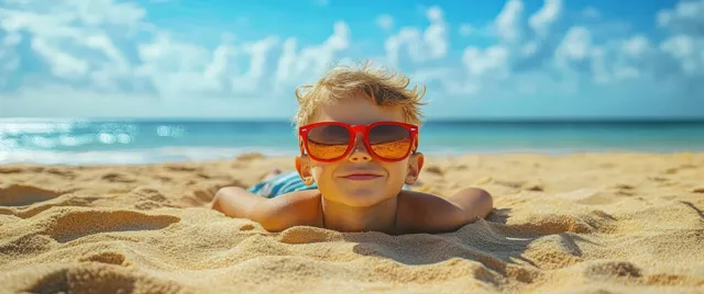 Boy in red sunglasses lounges on golden beach sand under bright blue sky