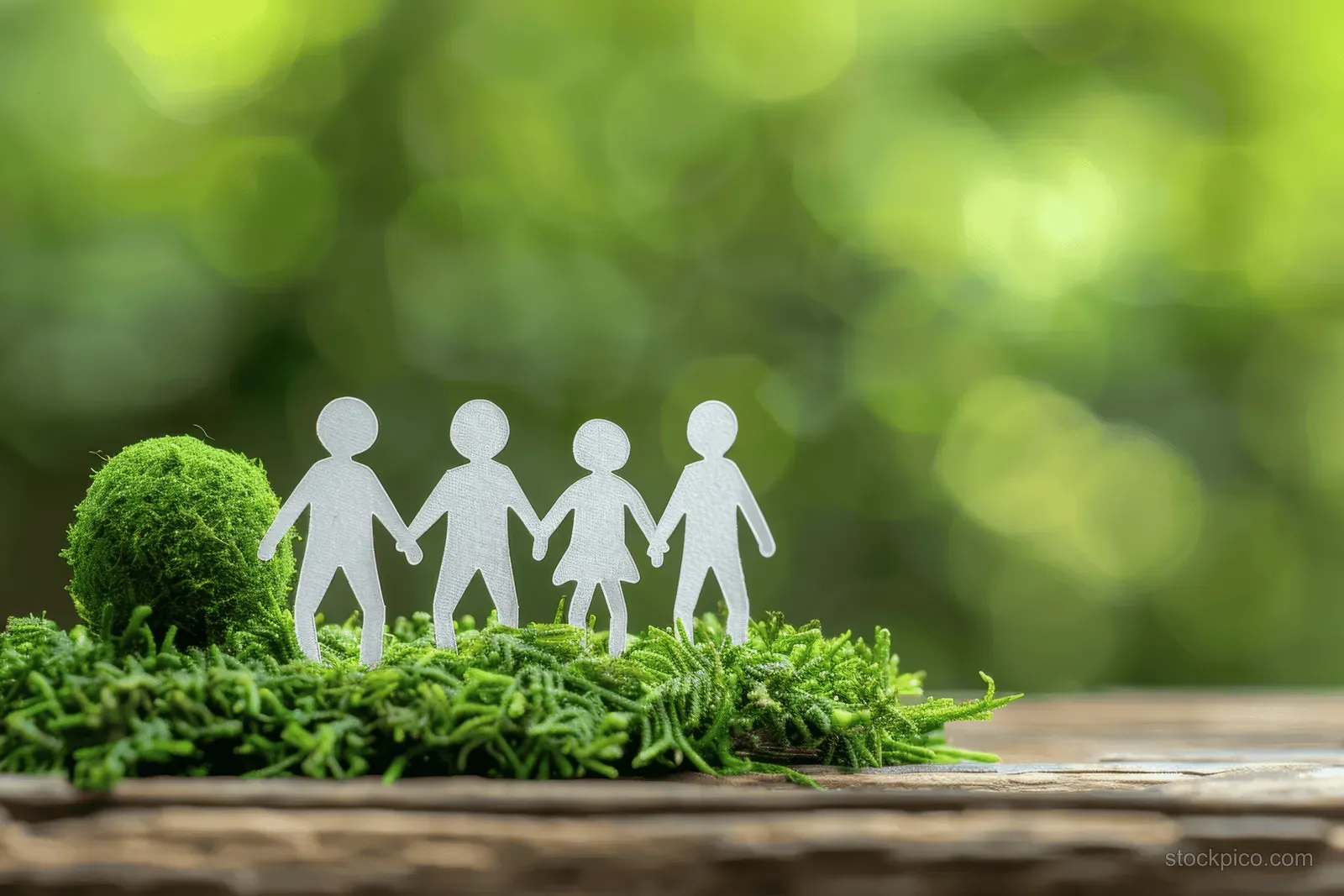 Paper people figure group standing on green grass with a small globe symbol outdoors on an earthy surface.