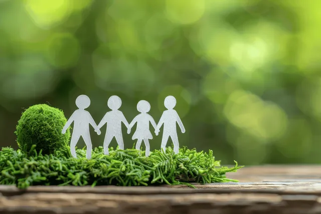 Paper people figure group standing on green grass with a small globe symbol outdoors on an earthy surface.