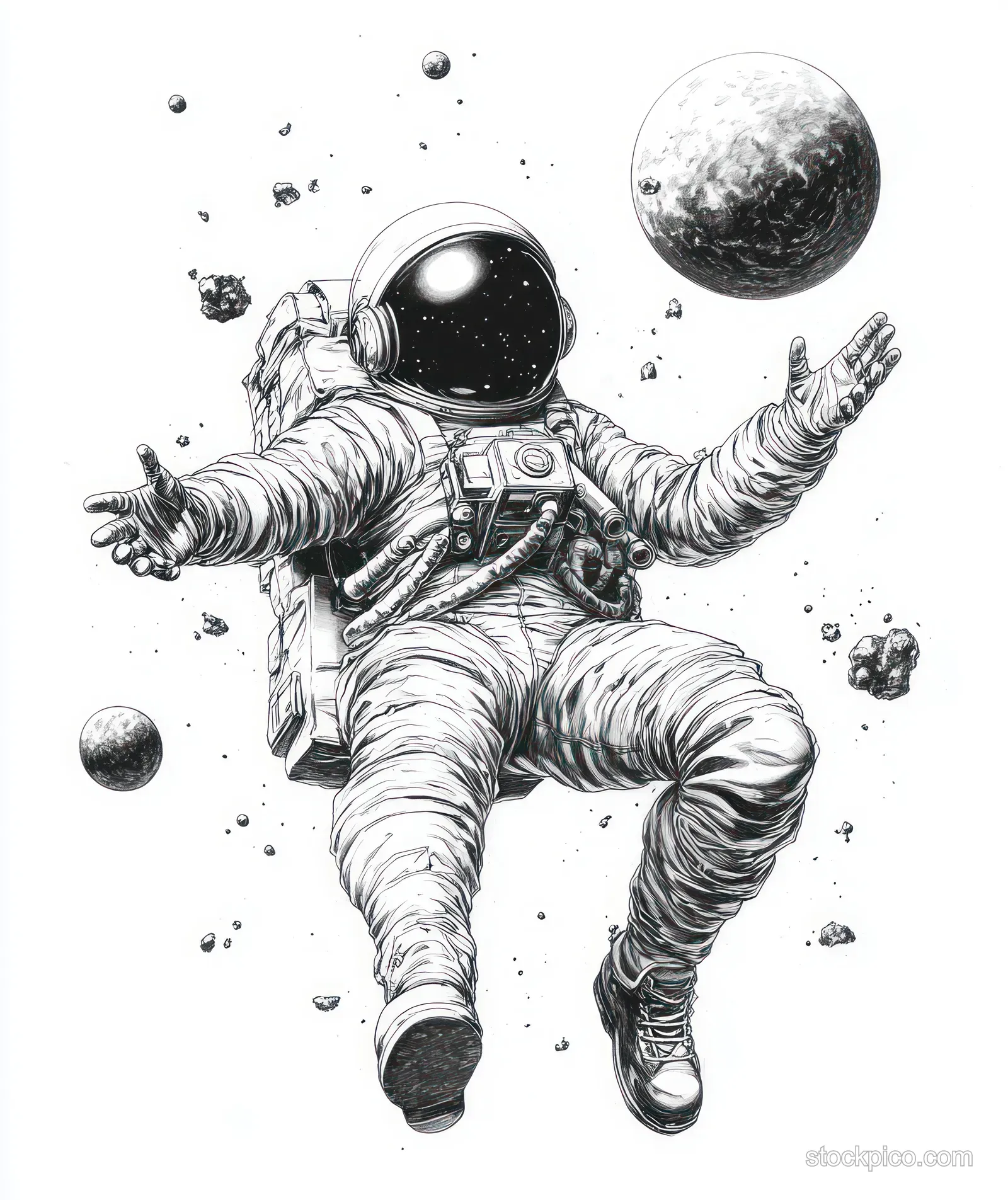 Monochrome astronaut illustration floating with outstretched arms amid planets and asteroid debris in space.
