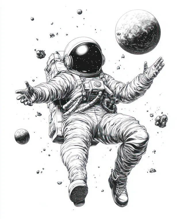 Monochrome astronaut illustration floating with outstretched arms amid planets and asteroid debris in space.