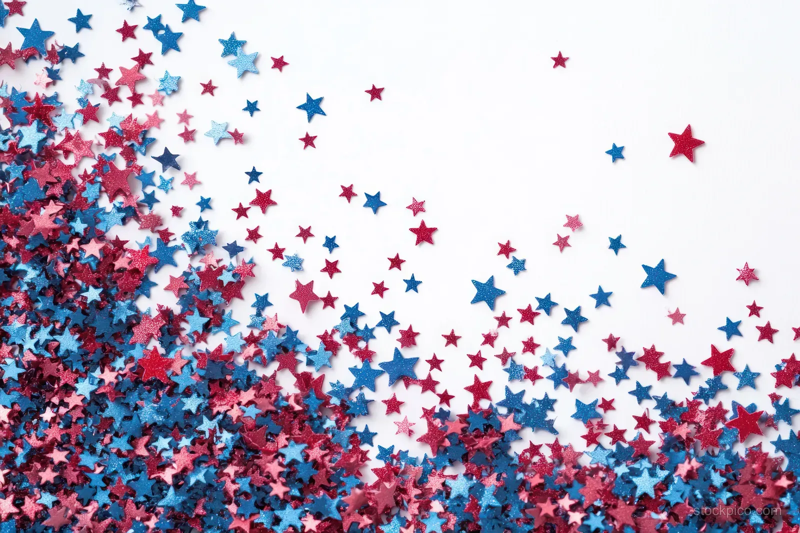 Star-shaped red, white, and blue confetti bursts across a pastel blue background.