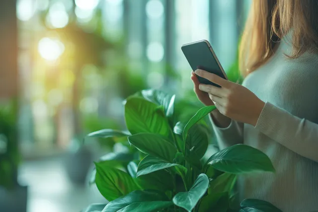 Confident mature professional stands in a minimalistic office, using a smartphone for business communication.