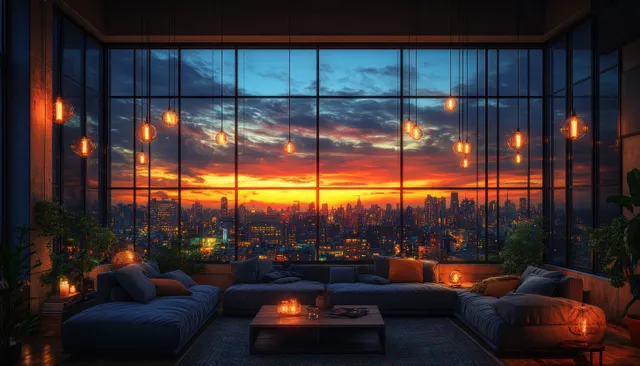 Cozy urban loft living room at sunset with large windows, lamps, and upholstered seating
