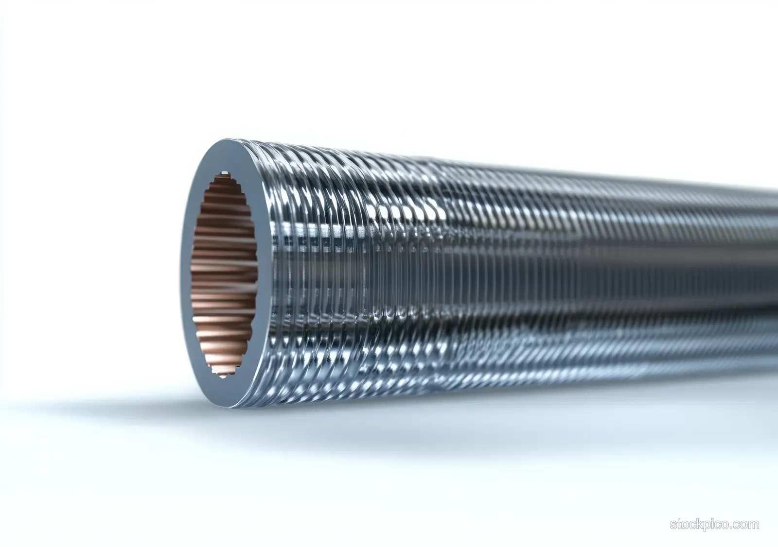 End view of corrugated metallic flexible conduit with copper-colored interior lining on a white background.