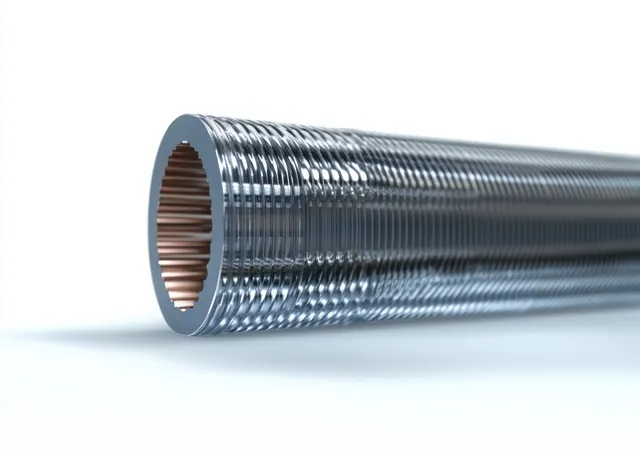 Close-up of corrugated metallic flexible conduit showing copper interior against white background