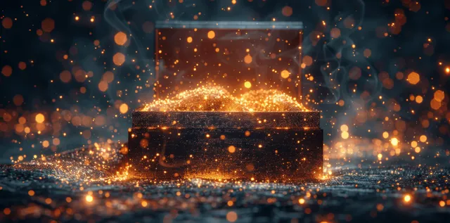 An open black box emits glowing golden sparks and light particles in a dark scene.