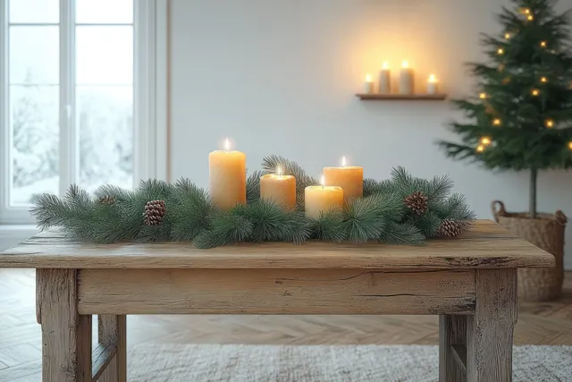 Rustic table with lit candles, pine branches, and a small Christmas tree in a bright Scandinavian interior.