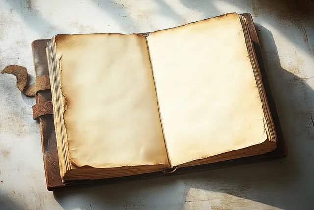 An antique open book with blank yellowed pages spread on a rustic surface under warm sunlight.