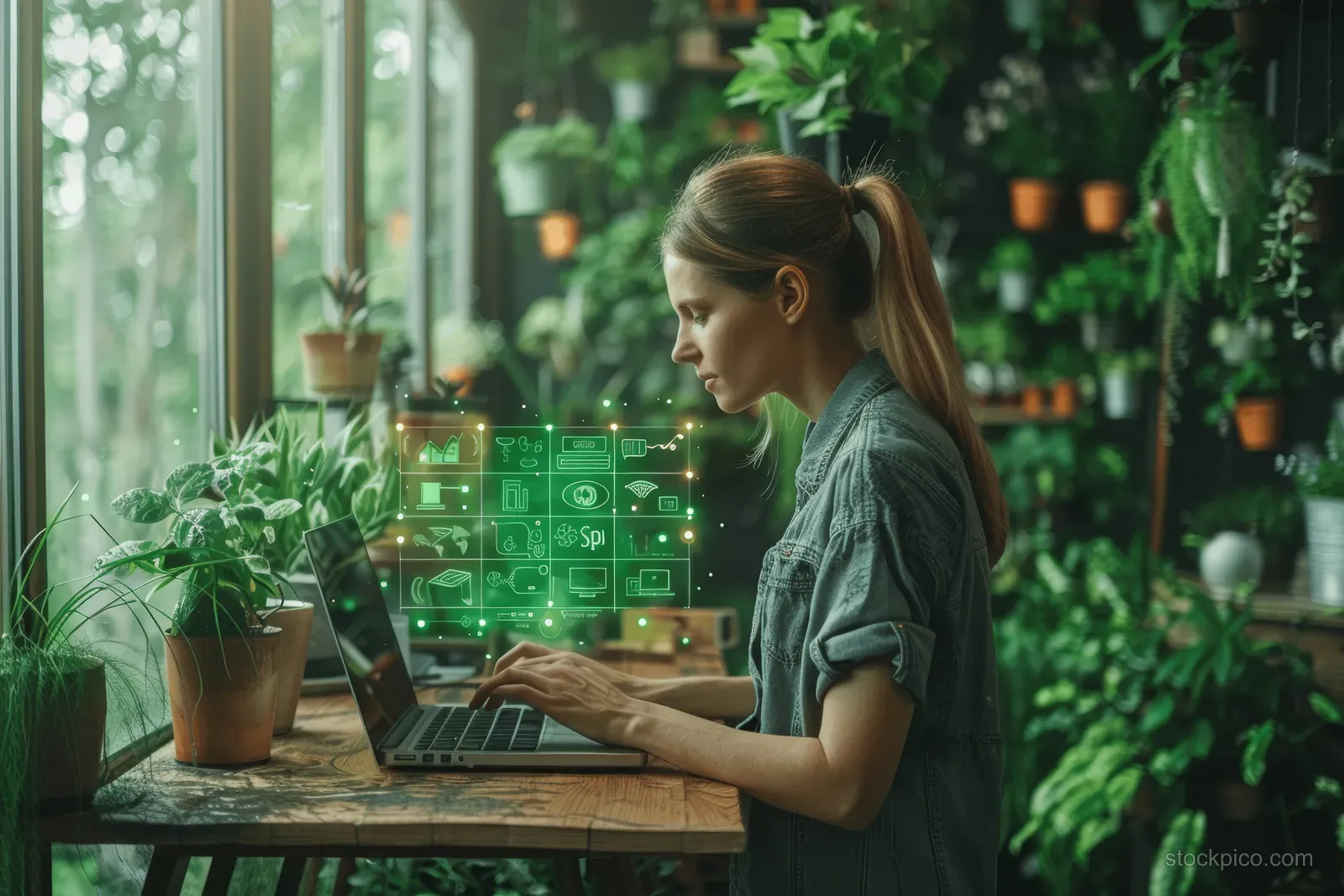 Woman working on a laptop with floating green CO2 and sustainability icons amid indoor plants.